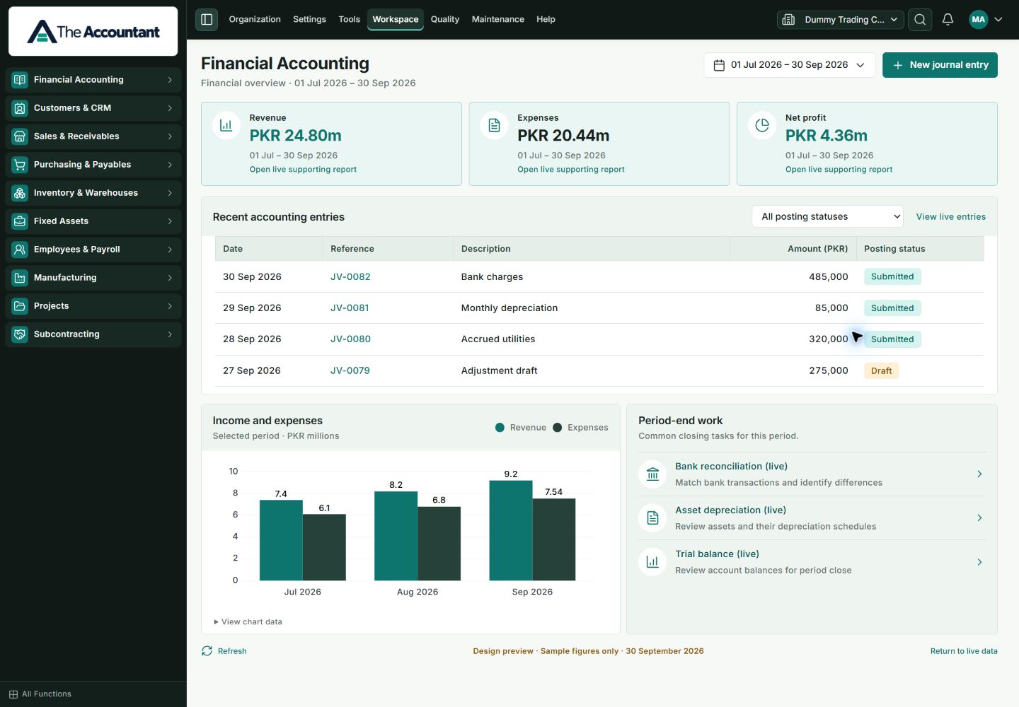 Current TA Financial Accounting dashboard in built-in Design preview with sample revenue, expenses, entries and chart