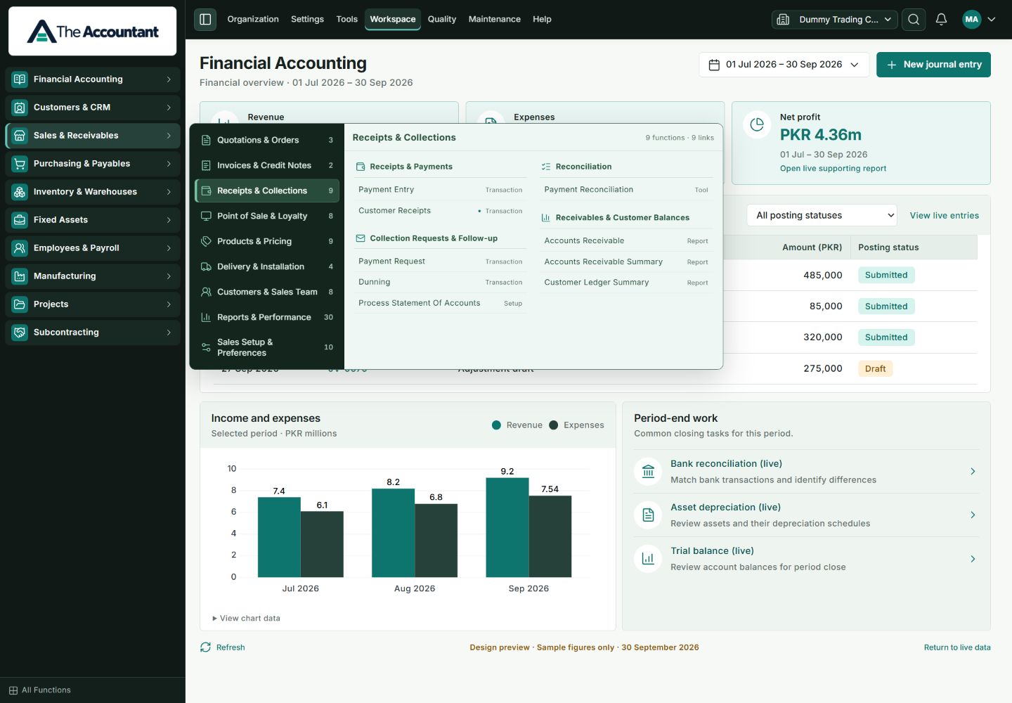 Current TA receipts and collections navigation